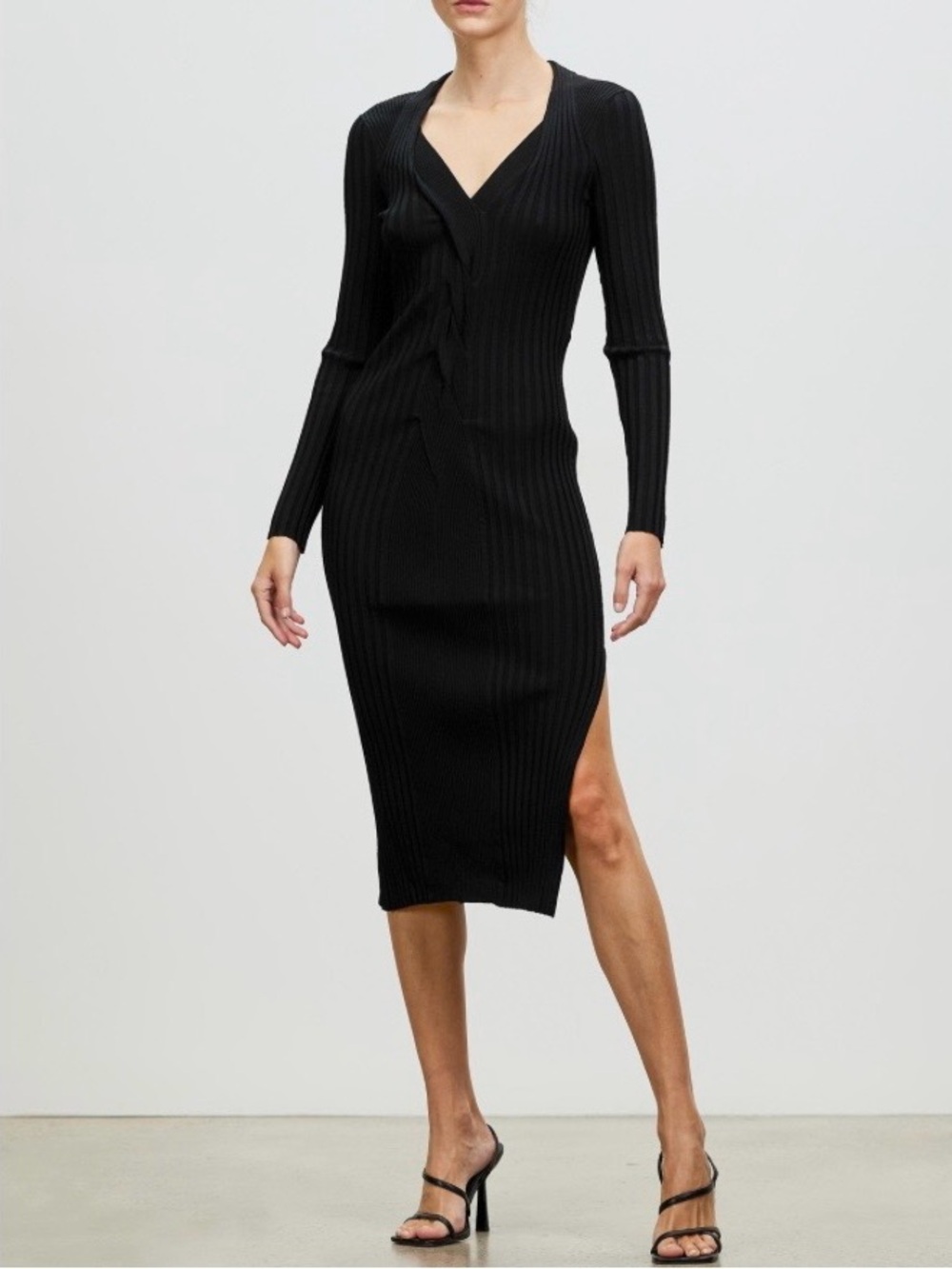 Diane Von Furstenberg Noah Black Ribbed V‑Neck Midi Dress with Side Slit size XS